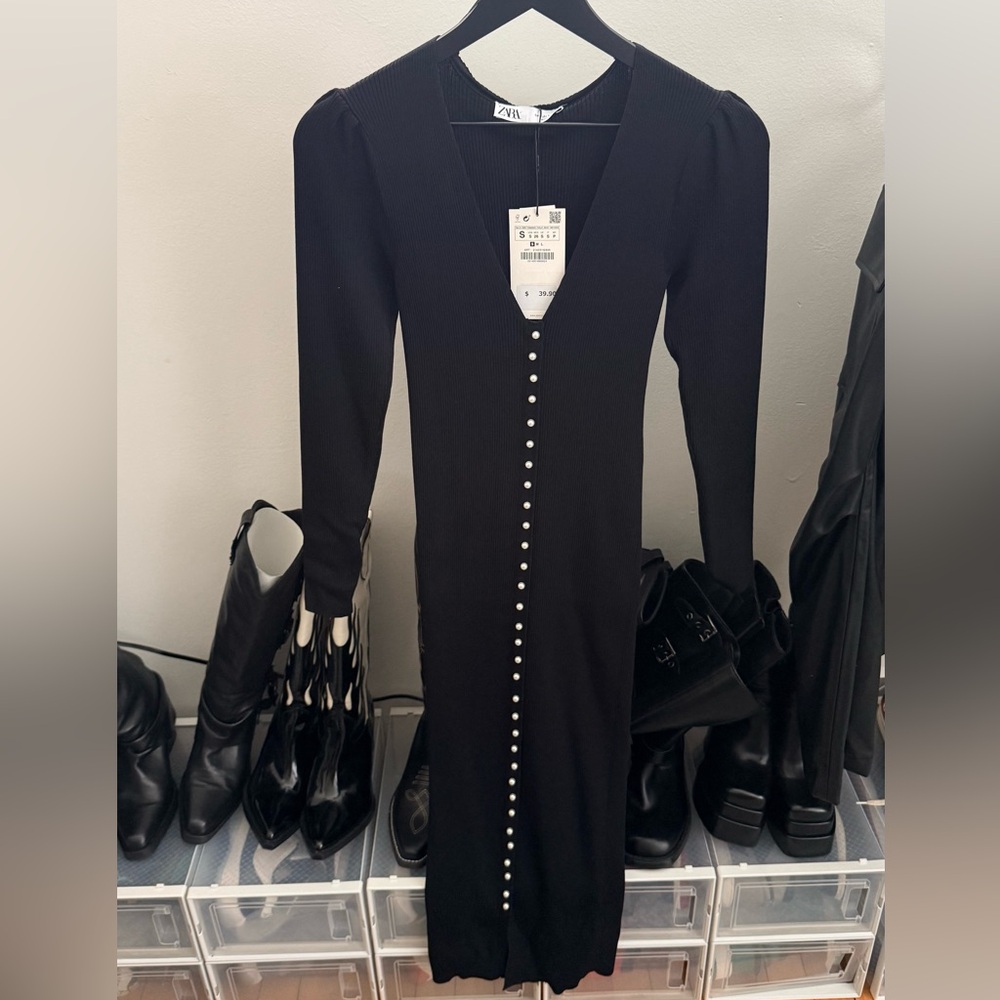 Zara Black Sweater Dress with Pearl Buttons